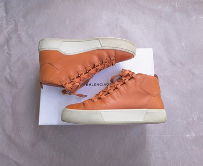 Balenciaga Arena Men 41 Orange Leather High Top Sneakers Shoes Lace Up  White