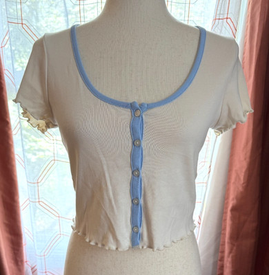 NWT H&M Divided crop top button front ivory & blue cotton knit short sleeve sz M