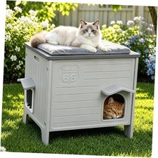 Outdoor Cat House for Summer - Elevated Waterproof Grey with Heated Mat - Medium