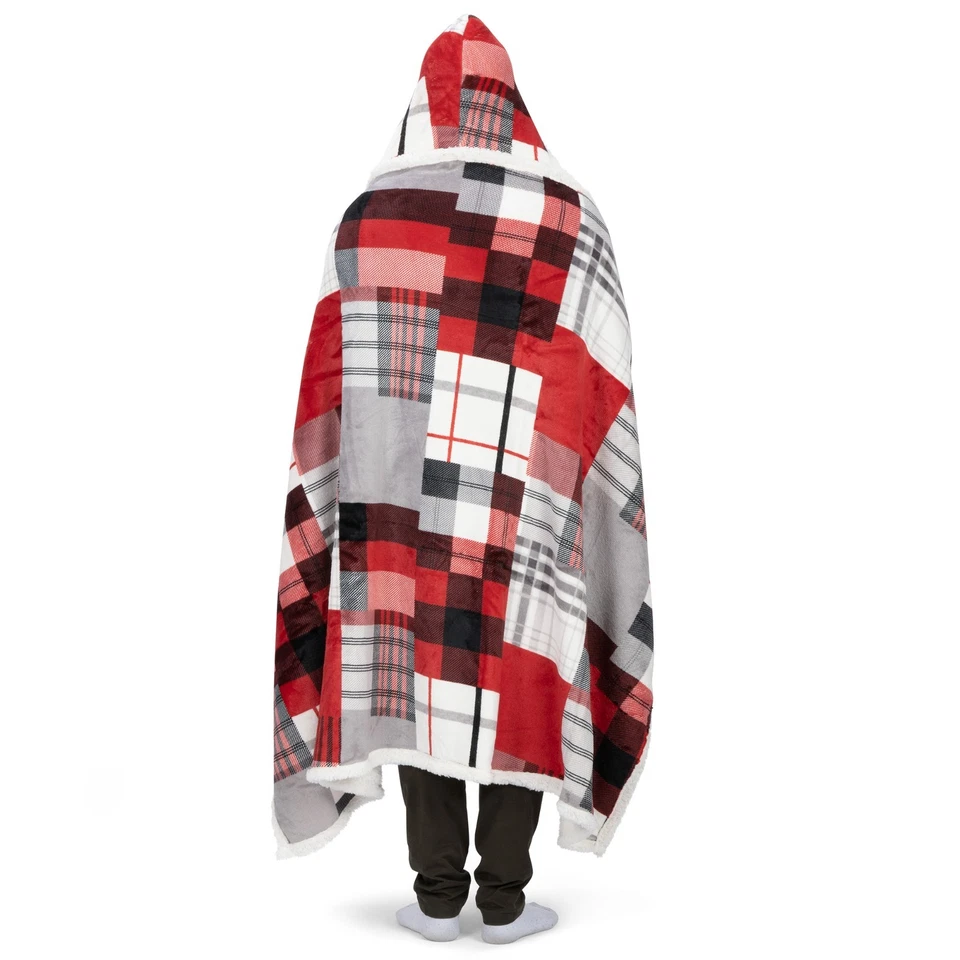 Hooded throw wearable blanket red and white squares - Image 4 of 4
