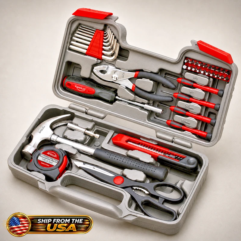 Apollo Precision Tools DT0773 135-Piece Household Tool Kit – Cordless Screwdriver, Hammer, Pliers, Level & More