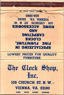 The Clock Shop Inc Furniture Vienna VA Vintage Large Matchbook Cover TML1-5