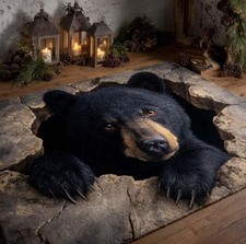 Black Bear 3D Illusion Area Rug, Bear Hole Floor Rug, Rustic Wildlife Cabin