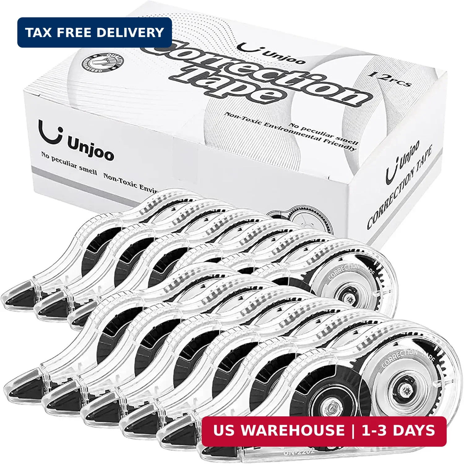 Unjoo White Correction Tape, For school, Office,12pack, 5M/196"x0.2",Black | Eas