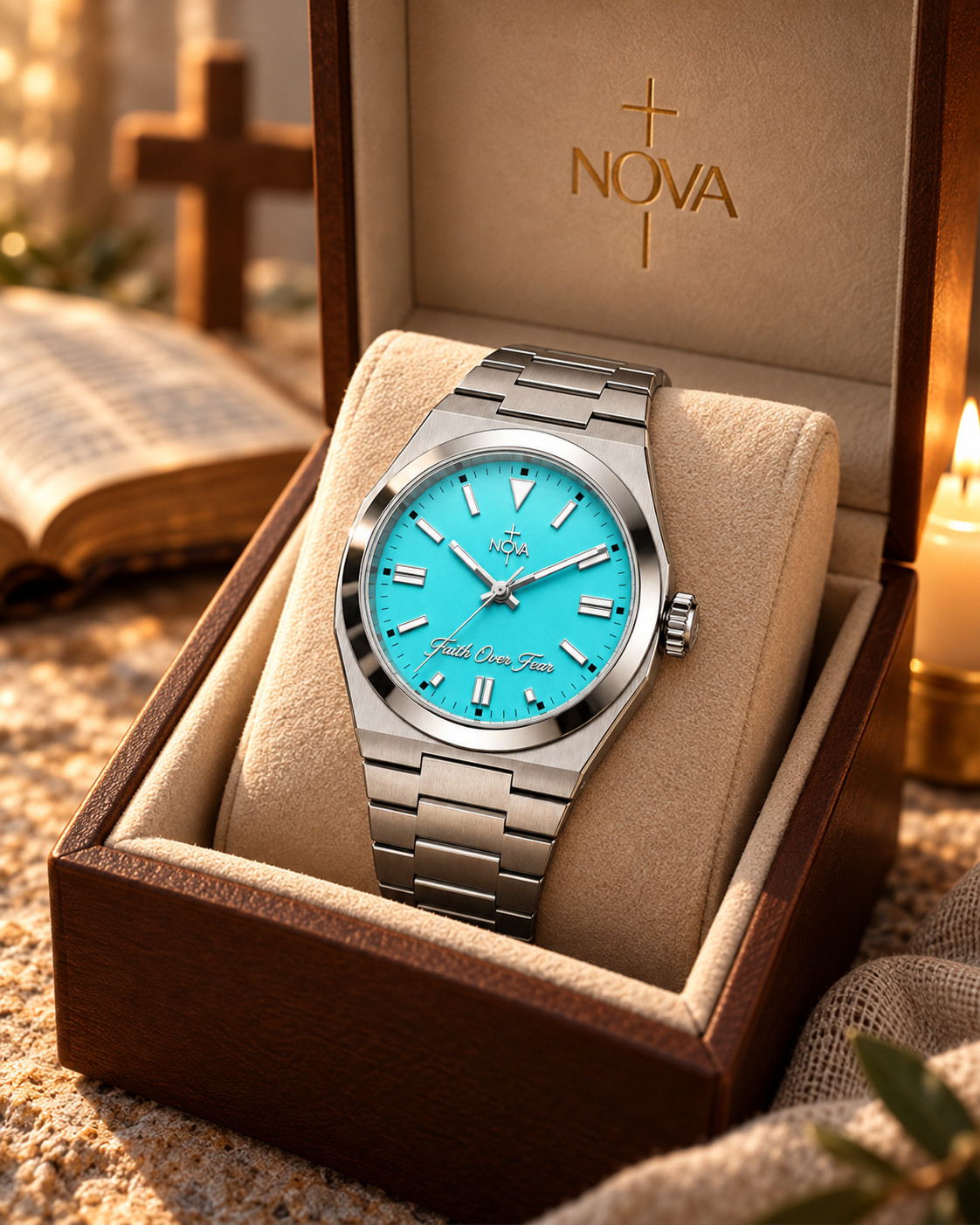Nova Christian Custom Watch | Turquoise Dial | Faith Over Fear | Christmas Gift