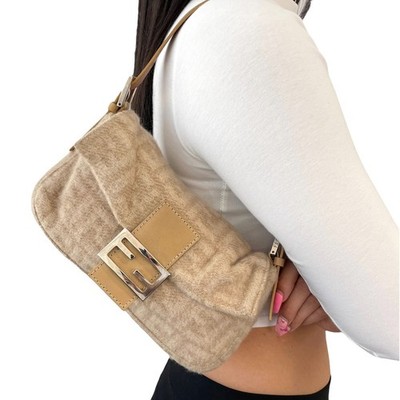 FENDI Vintage Zucca Monogram Wool Knit Mamma Baguette Shoulder Bag Beige 106266