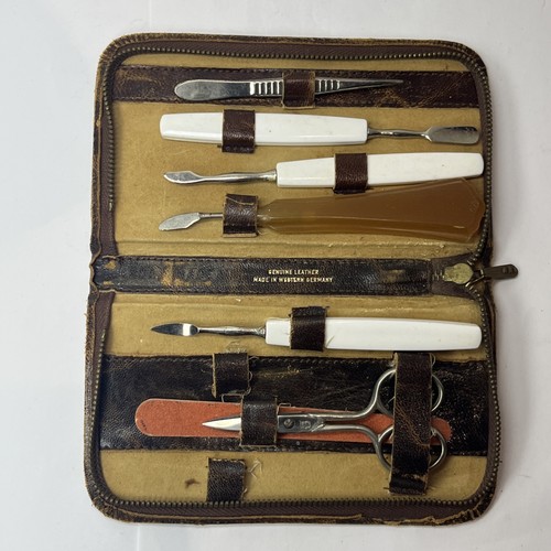 Vintage Brown Leather 7 Piece Nail Manicure Travel Kit Made In West Germany Case - Picture 10 of 13