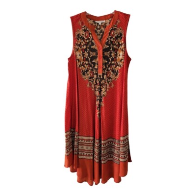 Flint & Moss Sleeveless Dress S Boho V Neck Vibrant Red Orange Ethnic Print