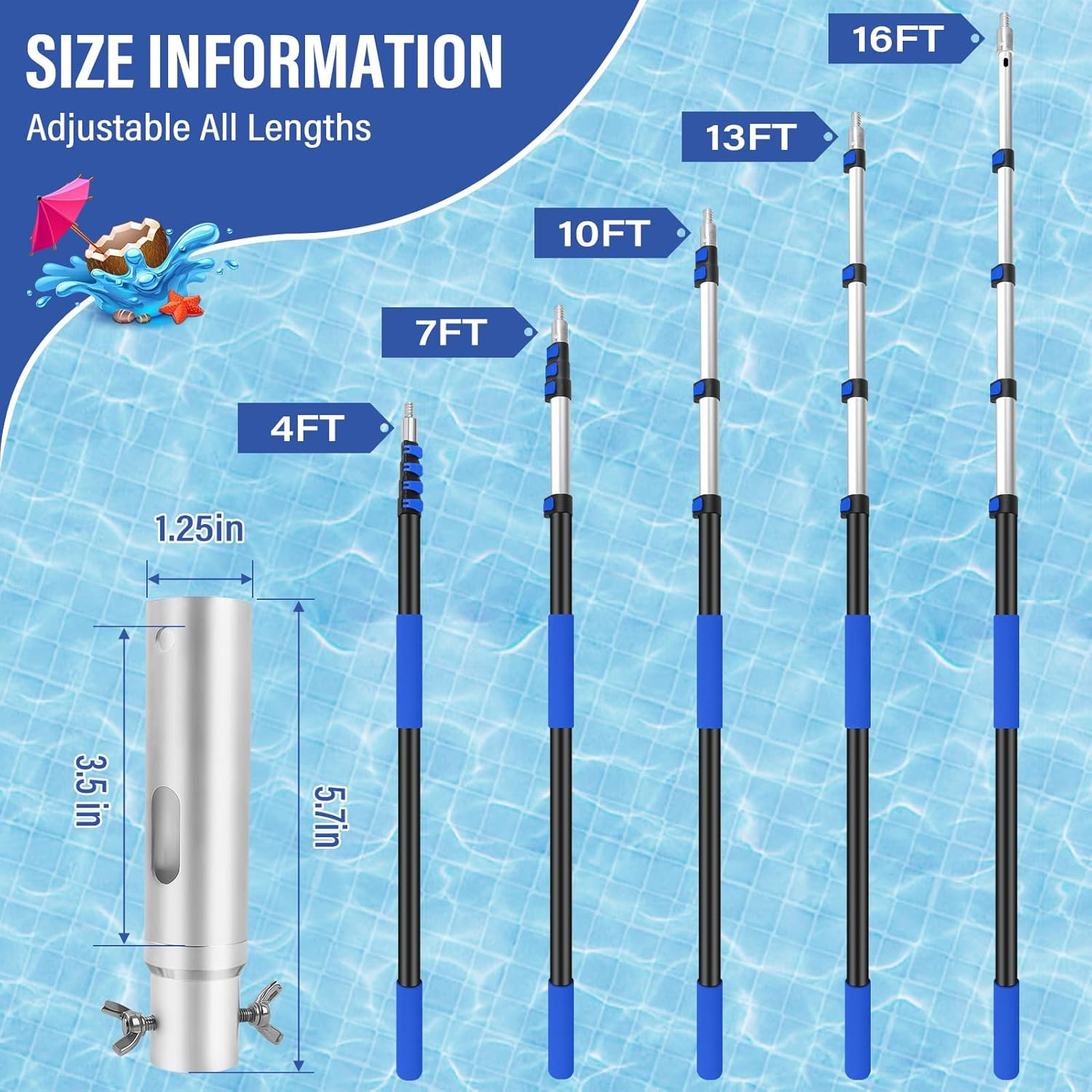 Telescopic Pool Pole - 16 FT Adjustable Premium Swimming Pool Pole Heavy Duty Al