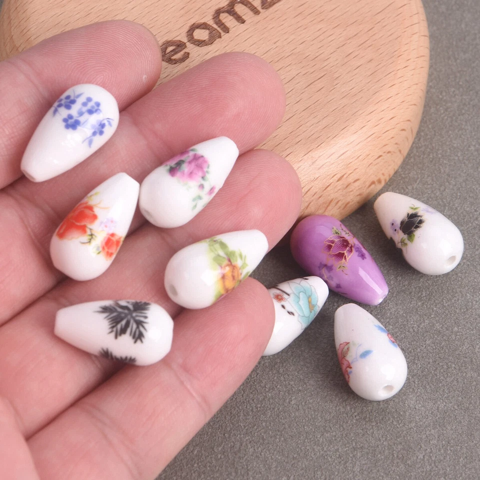 10pcs Flower Patterns 10x20mm Teardrop Shape Ceramic Porcelain Loose Beads Lot - Image 3 of 3