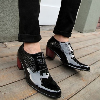 Men's casual dress patent leather formal High cuban Heel lace up