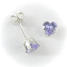 4mm Sparkling Lavender HEART CZ Post Earrings in SOLID Sterling Silver - NEW 