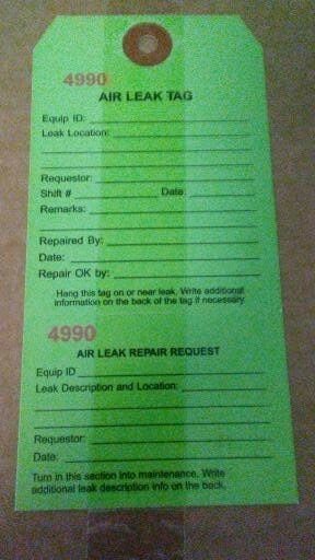 Air Leak Repair Request Tag; 5-3/4 x 3 In; Green; Pre-Wired; 50PK - NEW