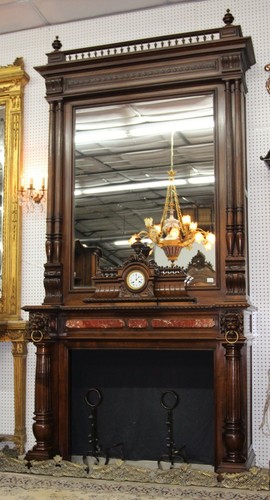 Antique Louis XVI Walnut French Fireplace Mantle 10 Ft Carved Lions Clock C 1870
