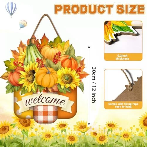 Pumpkin Welcome Door Sign Decor Hello Fall Door Sign Autumn 12inch Orange - Image 2 of 4