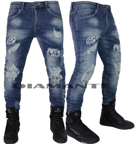 Jeans uomo Denim strappati foderati pantaloni slim elasticizzati nuovo 1269  | eBay