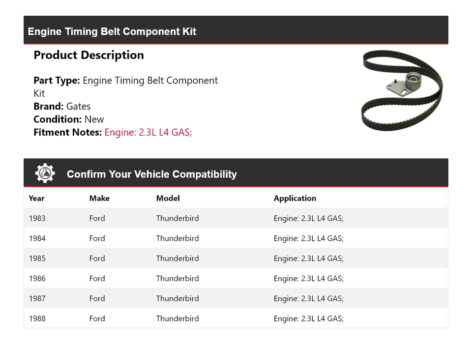 Kit de componentes de correa de distribución de motor Ford Thunderbird 1983-1988 puertas 1984 1985 Foto 2 de 4