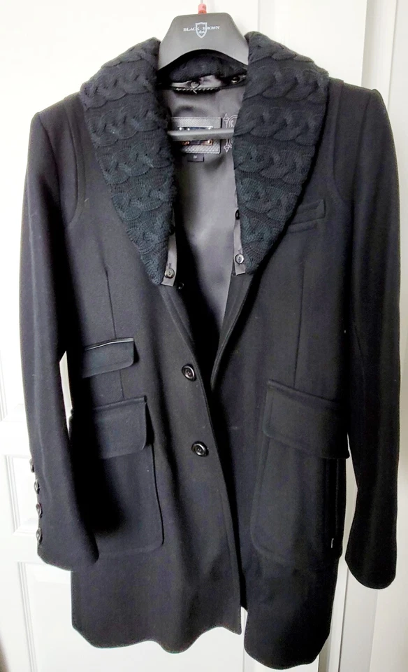 Mackage Wool Coat Men's 38 Black Lined Pockets Slim Fit Cable Knit Shawl Collar - Image 2 of 4