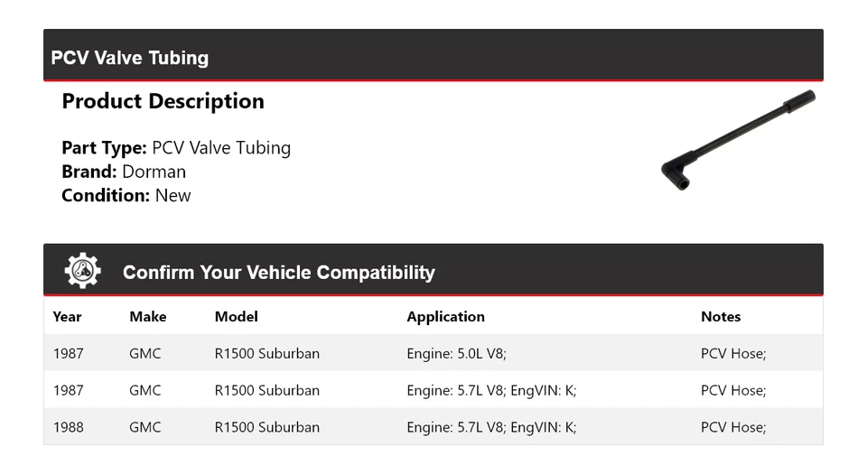 Tubo de válvula PCV Suburban Dorman 1987-1988 GMC R1500 Foto 2 de 4