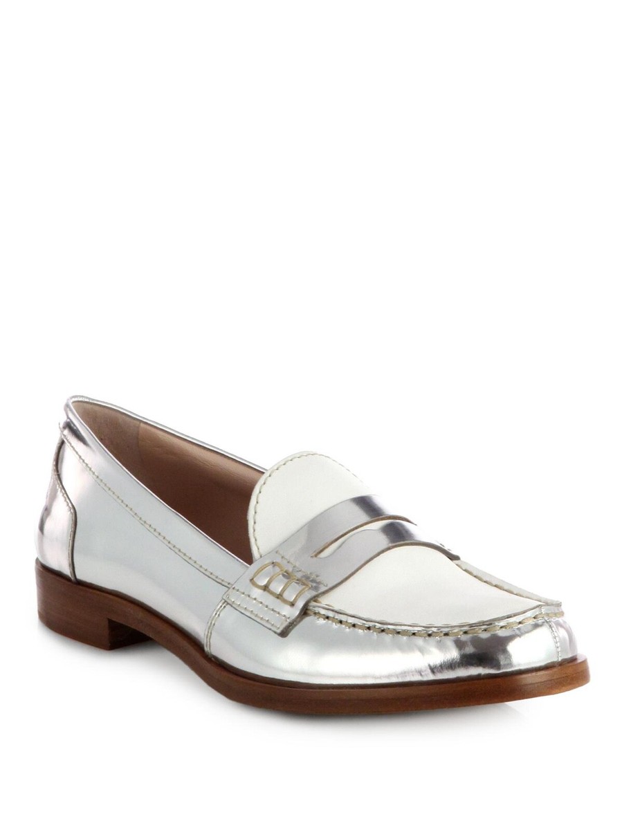 MIU MIU ICONIC Silver White Mirror Metallic PENNY Loafers EU 38.5