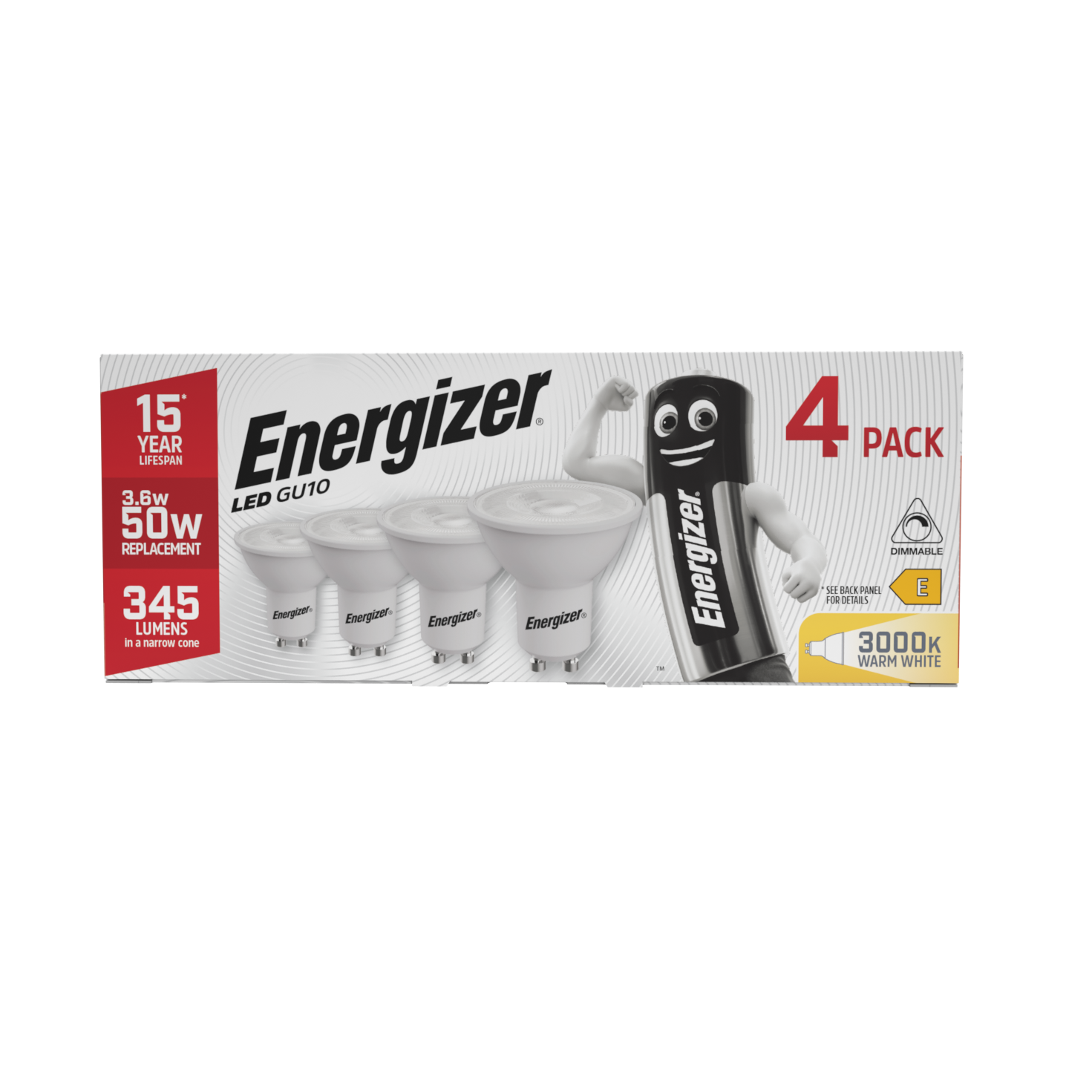 8x Energizer LED GU10 Dimmable Bulbs Spot light 345lm 3.6W 3000K Warm White - Image 2