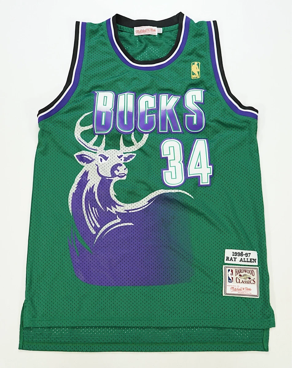 RAY ALLEN Vtg 90s 1996 Milwaukee Bucks BIG BUCK STAG LOGO CHAMPION Jersey  Sz 40