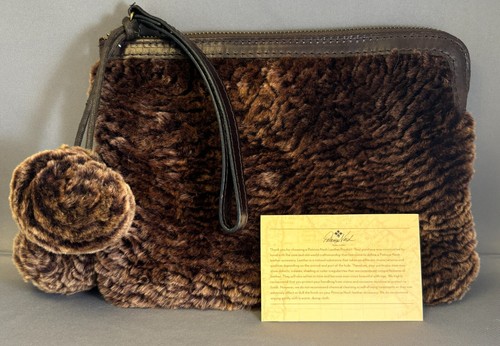 Patricia Nash Sherpa Cassini Italian Leather Chocolate Wristlet Clutch Pom Pom - Picture 2 of 17
