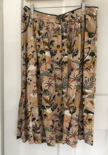 TU WOMAN Size16 Beige Bird /Leaves Print Viscose Button Up Midi Skirt Pockets