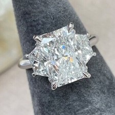 10x8mm Radiant Cut Moissanite Three Stone Engagement Ring 14k White Gold Plated