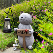Cat Garden Statue with Solar Lantern: Cat Outdoor Figurine Decorations -Solar Ga