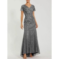 MAC DUGGAL Embellished V Neck Cap Sleeve Trumpet Gown Size 6 Dark Grey 20282
