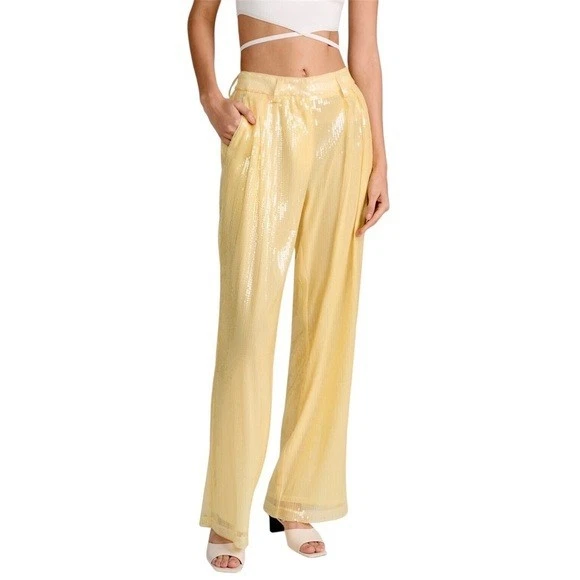 Staud Women Pants Size 6 Yellow Sequin Luisa High Rise Pleated Wide Leg New