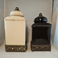 SET Of 2 Gracious Goods Large & Medium Canister Acanthus Leaf & Metal Base