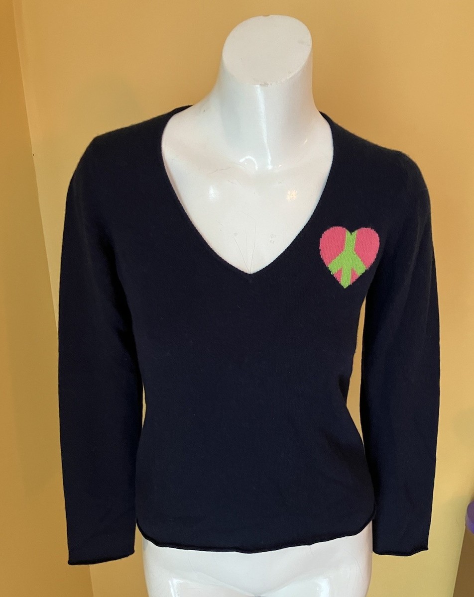 Queene Belle 100% Cashmere Sweater Navy  Blue Pink Green Heart Peace L Scotland View 2