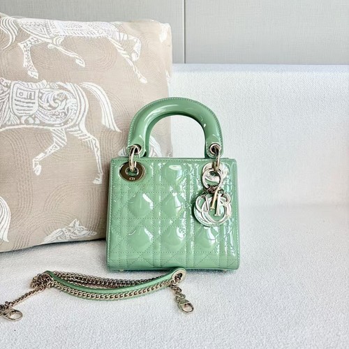 Dior Lady Dior Mini Mint Green Patent Leather Gold Auth