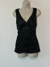 Studio Y Top Womens M Black Ruched Satin Sleeveless Tank Cut Out Back Y2K