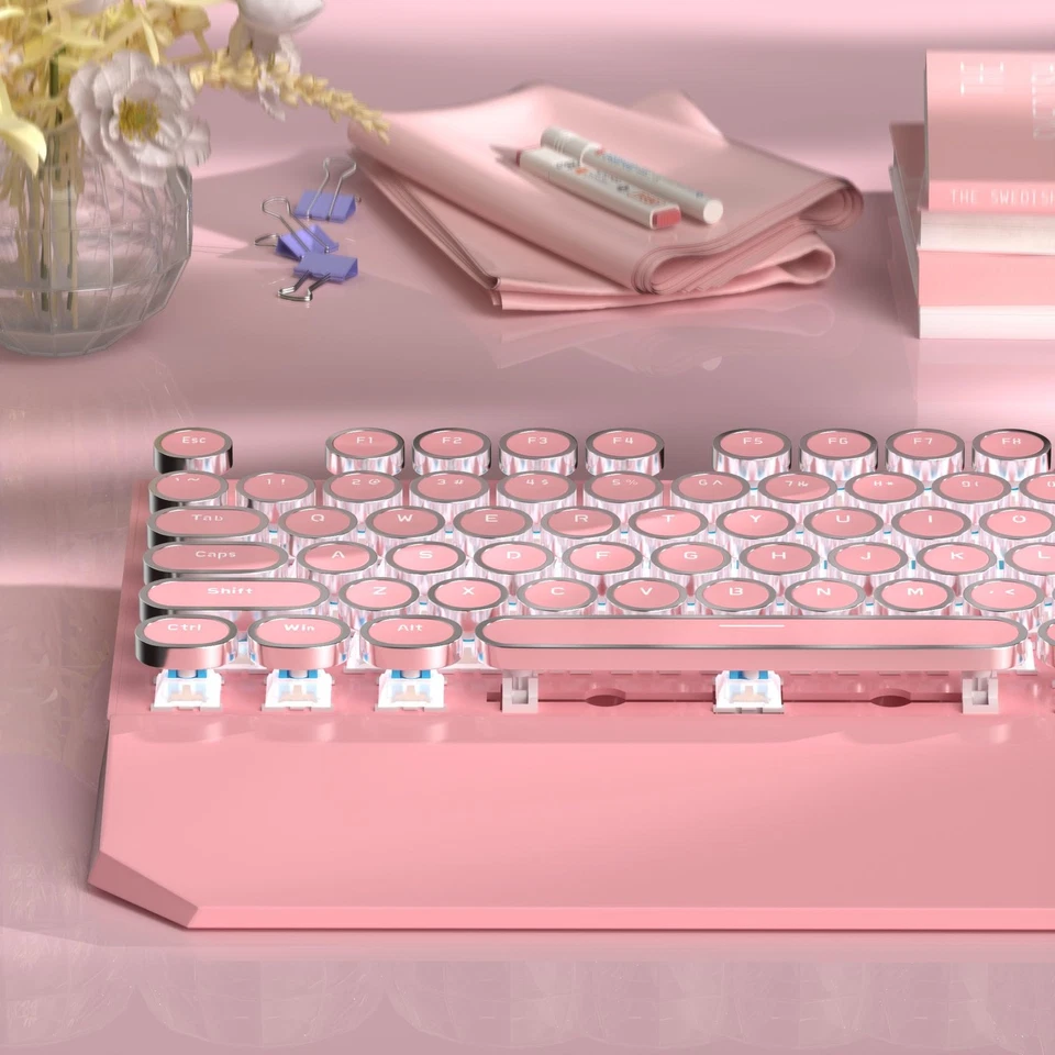 Typewriter Mechanical Gaming Keyboard, Retro Punk Pink Round Keycaps, 104 Key... - Image 2 of 4