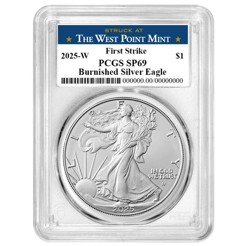 2025-W $1 1-oz Burnished American Silver Eagle PCGS SP69 FS West Point Label