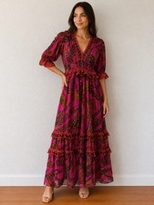 Farm Rio Pink Printed Midi Dress Size Sm Boho Ruffle Tiered V-Neck Tropical NWOT