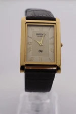 Vintage Seiko Slim Quartz Gold Dial Men's Wrist Watch with Dark-Brown Strap