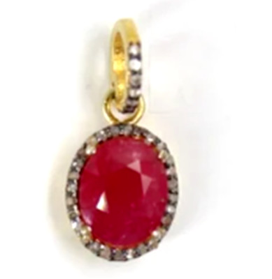 Anhänger Charm mit Rubingemme, 925 Silber, Oval, Rose Cut Diamant