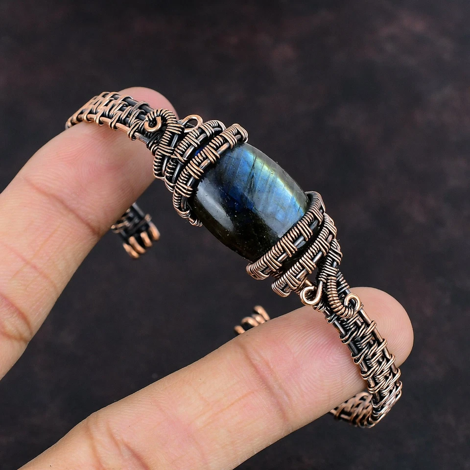 Regalo Para Ella Brazalete de Labradorita Natural Envuelto Alambre Ajustable Cobre Desconocido Foto 4 de 4