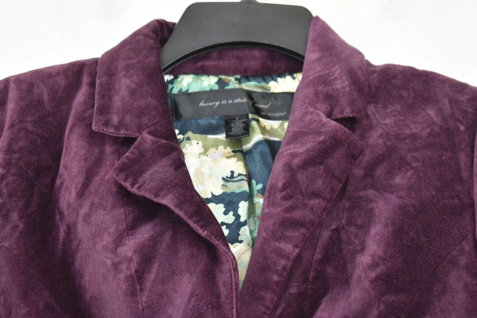 Blazer de terciopelo con puños de encaje de algodón con cuello de muesca púrpura Apostrophe para mujer talla 2 Foto 3 de 4
