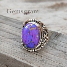 925 Sterling Silver Handmade Gemstone Purple Copper Turquoise Women Unique Ring