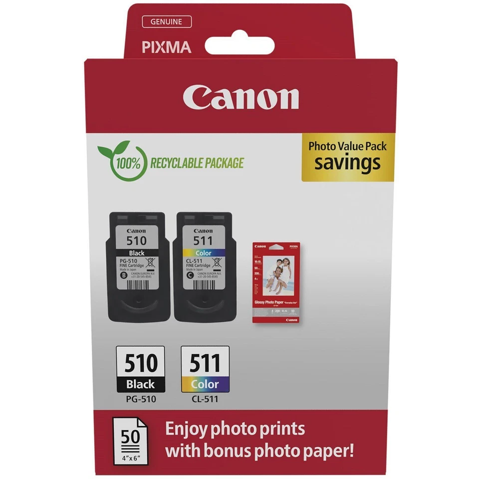 CANON Pack PG-510 CL- 511 pack 50 papiers photo (2970B017)
