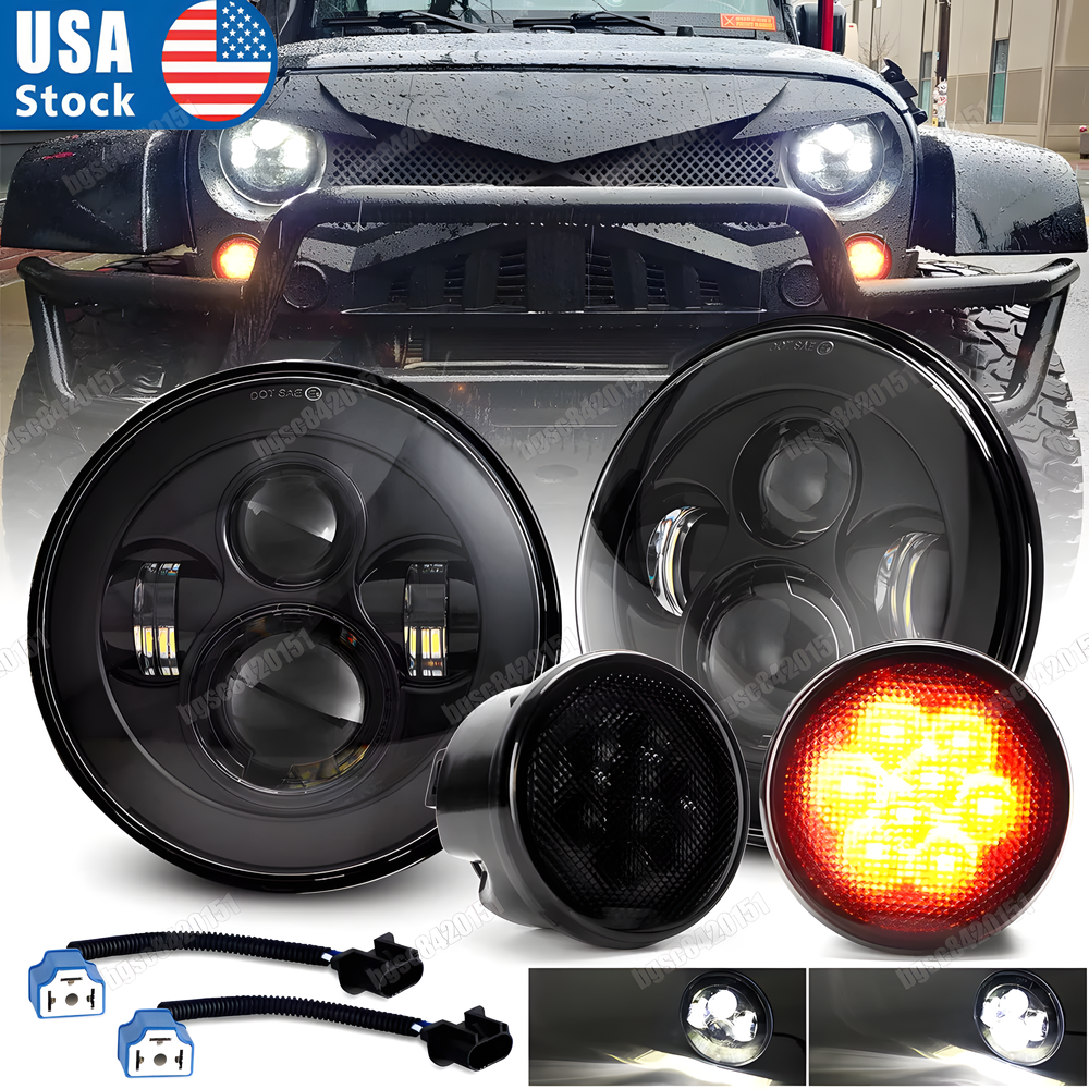 7 Inch Round LED Headlights With Amber Turn Signal For Jeep Wrangler JK 2007-2018 - 4 Bulbs, 8000 Lumens, 6000K, DOT/SAE Certified
