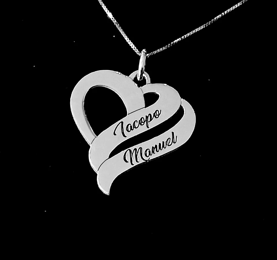COLLANA CON CUORE PENDENTE PERSONALIZZABILE CON NOMI IN ARGENTO 925 RODIATO - Immagine 3 di 4