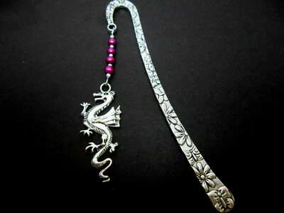 A TIBETAN SILVER DRAGON CHARM & PURPLE BEADS BOOKMARK. NEW.