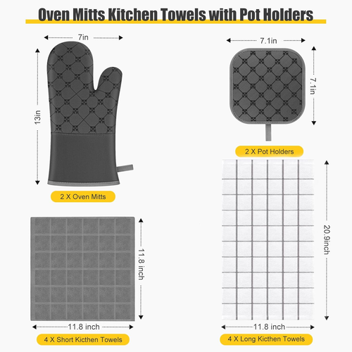 12PCS Heat Resistant Oven Mitts & Kitchen Towels Set - Gray - Bild 2 von 13