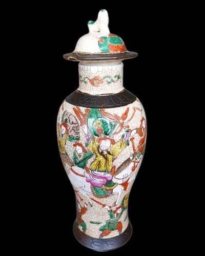 Antique Japanese Warriors Meiji crackle vase with base mark 12" Circa 1900 - Picture 2 of 23